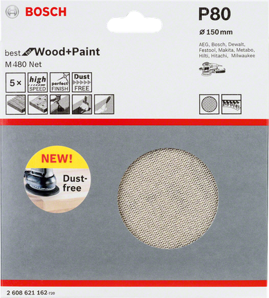 Lija Bosch P80 de 150 mm, sin polvo, para madera y pintura.