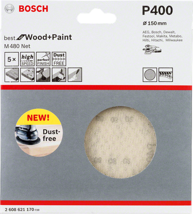 Lija Bosch de 150 mm P400 para madera y pintura.