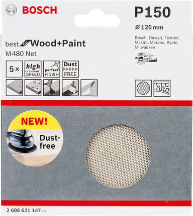 Lija Bosch de 125 mm P150 para madera y pintura.