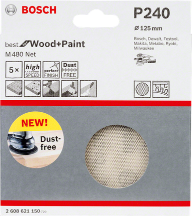 Lija Bosch de 125 mm P240 para madera y pintura.