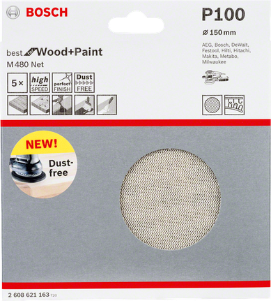 Hoja de lija Bosch M480 Net de 150 mm P100, libre de polvo.