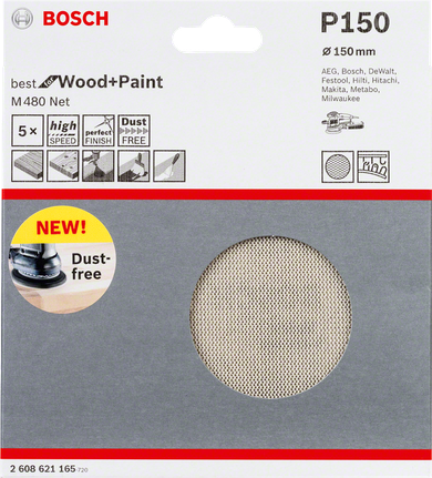 Hoja de lija Bosch M480 Net de 150 mm, grano 150, sin polvo.