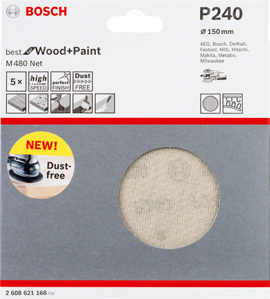 Lija Bosch de 150 mm P240, sin polvo, para madera y pintura.