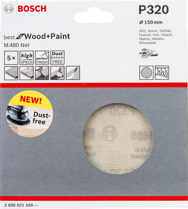 Lija Bosch de 150 mm P320 para madera y pintura sin polvo.