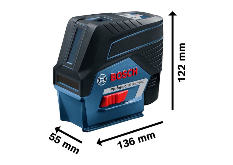 Herramienta de nivelación láser combinada Bosch GCL 2-50 C con dimensiones.