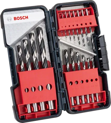 Juego de 18 brocas helicoidales HSS PointTeQ de Bosch , caja resistente.