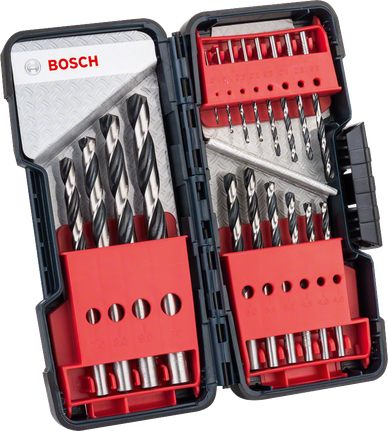 Juego de 18 brocas helicoidales HSS PointTeQ de Bosch , caja resistente.