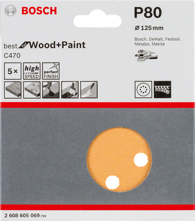 Paquete de 5 hojas de lija Bosch C470, 125 mm, grano 80.