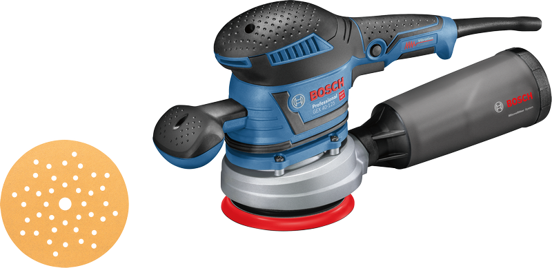 Lijadora orbital aleatoria Bosch GEX 40-125 con depósito para polvo.