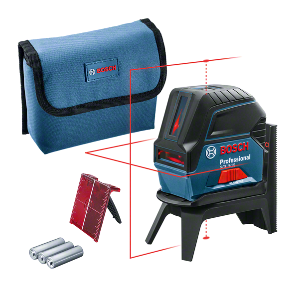 Herramienta niveladora láser Bosch GCL 2-15 con estuche y accesorios.
