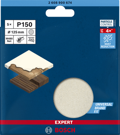 Malla de lijado Bosch EXPERT M480 de 125 mm P150 para la reducción del polvo.