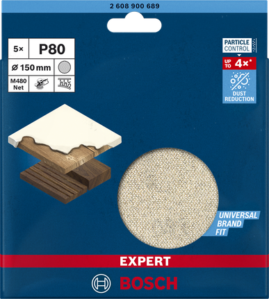 Malla de lijado Bosch EXPERT M480 de 150 mm P80 para la reducción del polvo.