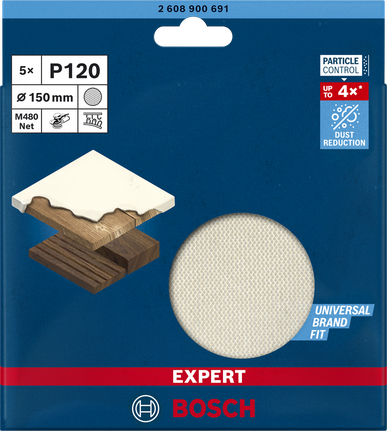 Malla de lijado Bosch EXPERT M480 de 150 mm G120 para lijadoras orbitales.