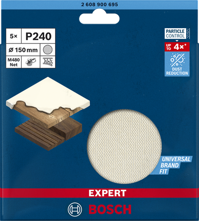 Malla de lijado Bosch EXPERT M480 de 150 mm P240 para la reducción del polvo.