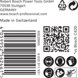 Etiqueta para papel de lija Bosch C470 con iconos de seguridad y código de barras.
