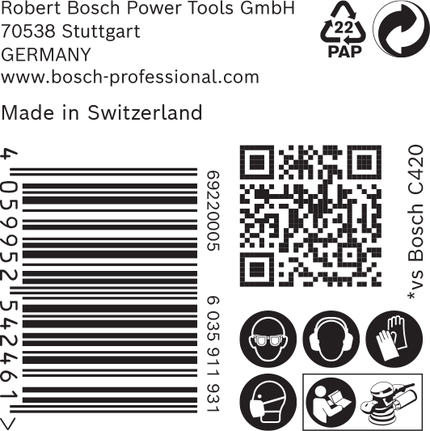 Etiqueta para papel de lija Bosch C470 con iconos de seguridad y código de barras.