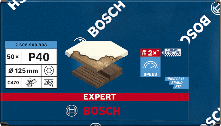 Papel de lija Bosch EXPERT C470 P40 de 125 mm con 8 agujeros.