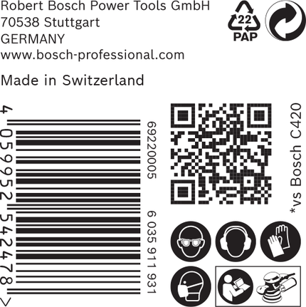 Etiqueta del papel de lija Bosch EXPERT C470 con iconos de seguridad.