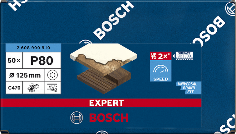 Papel de lija Bosch EXPERT C470 de 125 mm, grano P80, con 8 agujeros.