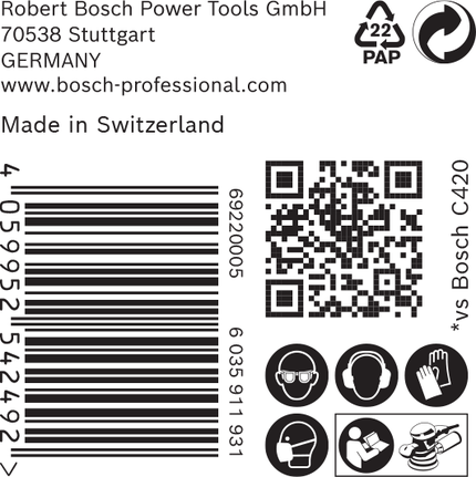 Etiqueta Bosch C420 con código de barras, código QR e iconos de seguridad.