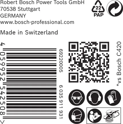 Etiqueta del papel de lija Bosch EXPERT C470 con iconos de seguridad.