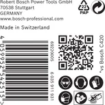 Etiqueta para papel de lija Bosch C420 con iconos de seguridad y código QR.