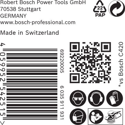 Etiqueta para papel de lija Bosch C420 con iconos de seguridad y código QR.
