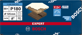 Papel de lija Bosch EXPERT C470 de 125 mm, grano P180, para lijadoras orbitales aleatorias.