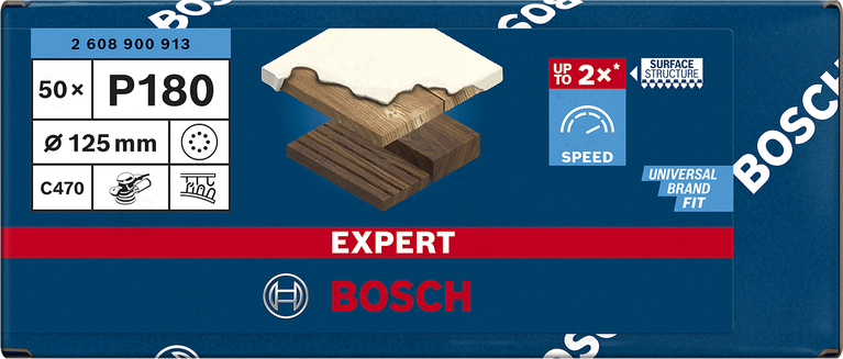 Papel de lija Bosch EXPERT C470 de 125 mm, grano P180, para lijadoras orbitales aleatorias.