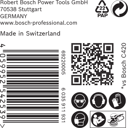 Etiqueta para papel de lija Bosch EXPERT C470 con código de barras e iconos de seguridad.