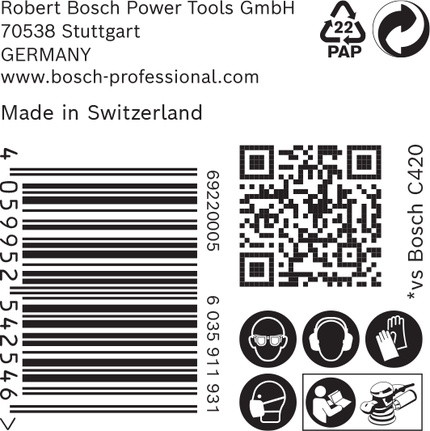 Etiqueta del papel de lija Bosch EXPERT C470 con iconos de seguridad.