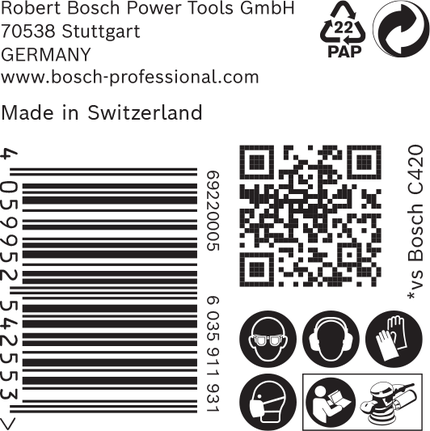 Etiqueta de accesorios Bosch C420 con iconos de seguridad y código de barras.