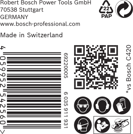 Etiqueta del papel de lija Bosch EXPERT C470 con iconos de seguridad.