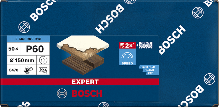 Papel de lija Bosch EXPERT C470 de 150 mm, grano P60, con 6 agujeros.