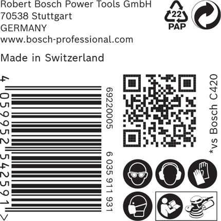 Etiqueta del papel de lija Bosch EXPERT C470 con iconos de seguridad.
