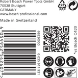 Etiqueta Bosch C420 con iconos de seguridad y código de barras.