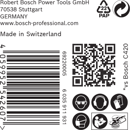 Etiqueta Bosch C420 con iconos de seguridad y código de barras.