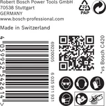 Etiqueta para papel de lija Bosch C470 con iconos de seguridad y código de barras.