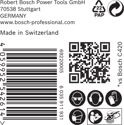 Etiqueta para papel de lija Bosch C470 con iconos de seguridad y código de barras.