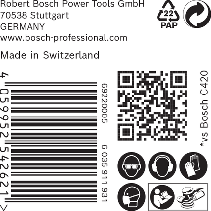 Etiqueta del papel de lija Bosch EXPERT C470 con iconos de seguridad.
