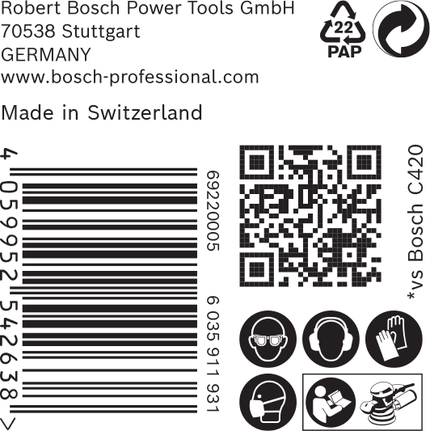 Etiqueta para papel de lija Bosch C470 con iconos de seguridad y código de barras.