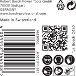 Etiqueta de embalaje del papel de lija Bosch C420 con iconos de seguridad.