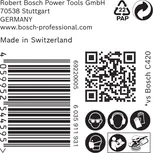 Etiqueta para papel de lija Bosch C420 con iconos de seguridad y código de barras.