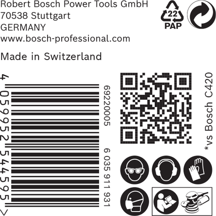 Etiqueta para papel de lija Bosch C420 con iconos de seguridad y código de barras.