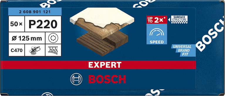 Papel de lija Bosch EXPERT C470 de 125 mm, grano P220, para lijadoras orbitales.