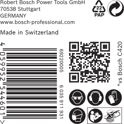 Etiqueta Bosch con información de seguridad y del producto para el papel de lija C470.