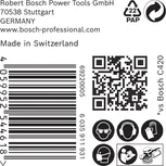 Etiqueta para papel de lija Bosch C470 con iconos de seguridad y código QR.