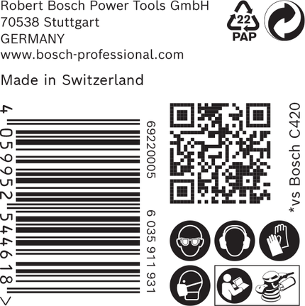 Etiqueta para papel de lija Bosch C470 con iconos de seguridad y código QR.