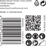 Etiqueta para papel de lija Bosch C470 con iconos de seguridad y código de barras.