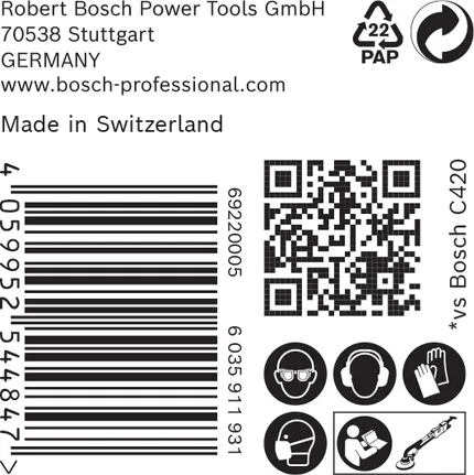 Etiqueta para papel de lija Bosch C470 con iconos de seguridad y código de barras.